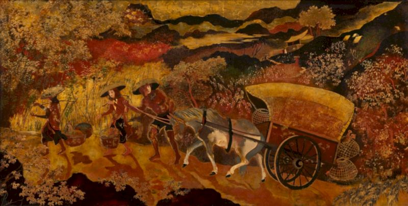 Bức sơn mài “Cảnh du lịch ở Bắc Kỳ” (1940) kích thước 61,3 x 120,5cm của hoạ sĩ Lê Thy